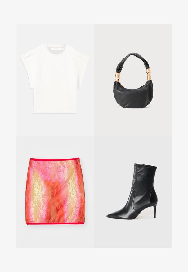 Bílý boxy tričko s krátkými rukávy. Vyrobeno z hladkého materiálu, s kulatým výstřihem a jemnými akcenty na ramenou. Jednoduchý design.; Průhledná krajková mini sukně s přechodem růžových a červených odstínů, zdobená květinovým vzorem, zakončená pevným červeným pasem.; Černé kotníkové boty vyrobené z hladké kůže, s špičatou špičkou, těsným svrškem a tenkým vysokým podpatkem. Minimalistický design bez viditelné mechaniky.; Černá kožená kabelka s kulatým tvarem, měkkou texturou a uzlovou rukojetí se zlatými kovovými detaily. Zapínání na zip.