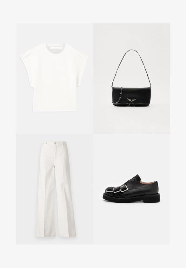 T-shirt bianco a forma scatolare con maniche corte. Realizzato in tessuto liscio, presenta un colletto rotondo e delicati dettagli sulle spalle. Design semplice.; Pantaloni bianchi a gamba larga realizzati in cotone con una texture liscia. Presentano un bottone anteriore, una zip e un design a quattro tasche.; N°21 DERBY - Stringate - black; Borsa a mano in pelle nera con una tracolla in catena argento, caratterizzata da decorazioni a forma di ali e cuciture bianche lungo la cucitura inferiore.