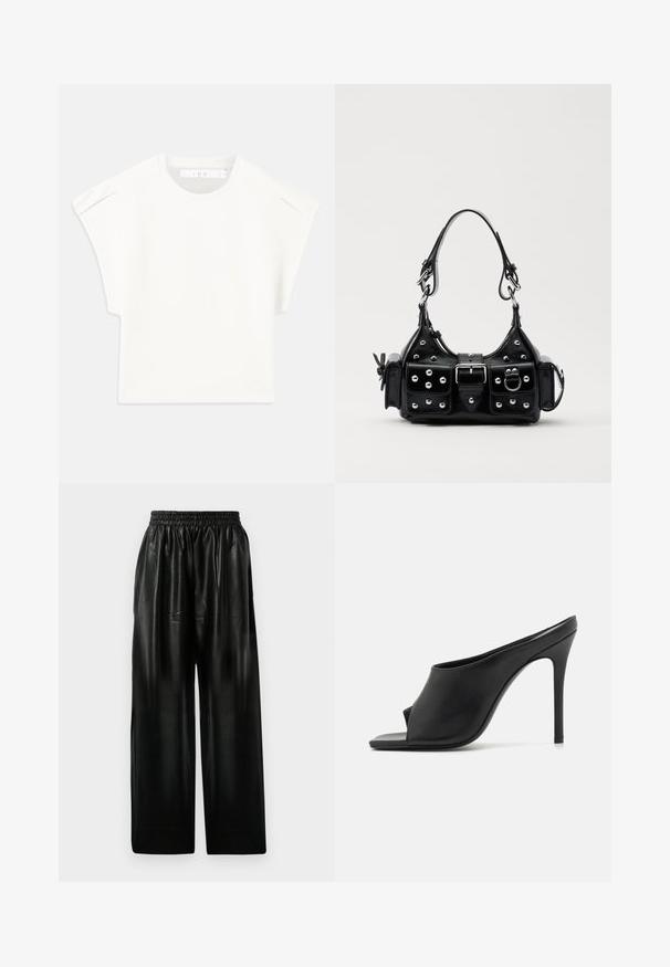 Biały, prostokątny t-shirt z krótkim rękawem. Wykonany z gładkiego materiału, z okrągłym dekoltem i subtelnymi akcentami na ramionach. Prosty design.; Czarne skórzane spodnie o szerokich nogawkach z elastycznym paskiem, wyposażone w dwie boczne kieszenie oraz gładką, błyszczącą fakturę.; GIABORGHINI KEIRA czarny; Czarna skórzana torebka w zakrzywionym kształcie, z srebrnymi ćwiekami, klamrą i dwoma bocznymi kieszeniami. Regulowany pasek umożliwiający różne opcje noszenia.