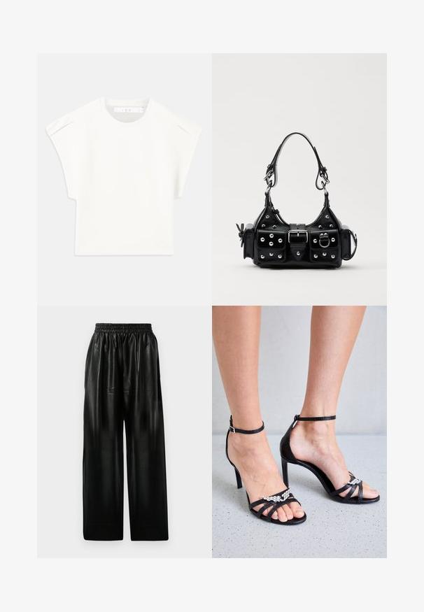 White boxy t-shirt with short sleeves. Made from smooth fabric, featuring a round neckline and subtle shoulder accents. Simple design.; Black leather wide-leg pants with an elastic waistband, featuring two side pockets and a smooth, shiny texture.; Zadig & Voltaire AMEE WING EMBOSSED IGUANA - High heeled sandals - noir; Black leather handbag with a curved design, featuring silver studs, a buckle, and two side pockets. Adjustable strap for carrying options.