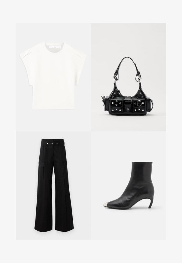 Fehér, doboz formájú póló rövid ujjakkal. Simára símított szövetből készült, kerek nyakkivágással és diszkrét vállrészletekkel rendelkezik. Egyszerű dizájn.; Fekete, bő szárú nadrág magas derékkal, nagyméretű oldalsó zsebekkel, két elülső gombbal és hurok részlettel. Tartós anyagból készült.; Iro JOLIMET - Klasszikus bokacsizmák - glossy black; Fekete bőr kézitáska ívelt designnal, ezüst szegecsekkel, csattal és két oldalsó zsebbel. Állítható vállpánt a hordozási lehetőségekhez.