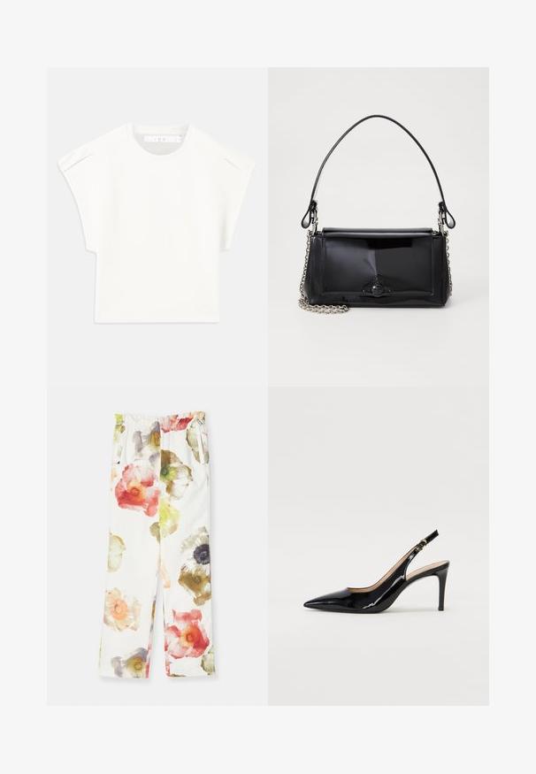 Bela boxasta majica s kratkimi rokavi. Narejena iz gladkega materiala, z okroglo ovratnikom in diskretnimi poudarki na ramenih. Preprost dizajn.; Cvečni hlače iz belega blaga. Značilna je pisan vzorec rdečih, zelenih in vijoličnih cvetov. Elastičen pas in stranske žepe. Ravnoga kroja.; Črne lakirane slingback čevlje z izostrenim nosom, ozkim peto in subtilnim izrezom. Na traku je zlata sponka.; Črna lakirana usnjena torbica pravokotne oblike, s verižnim trakom in značilnim kovinskim detajlom na sredini. Gladka textura.