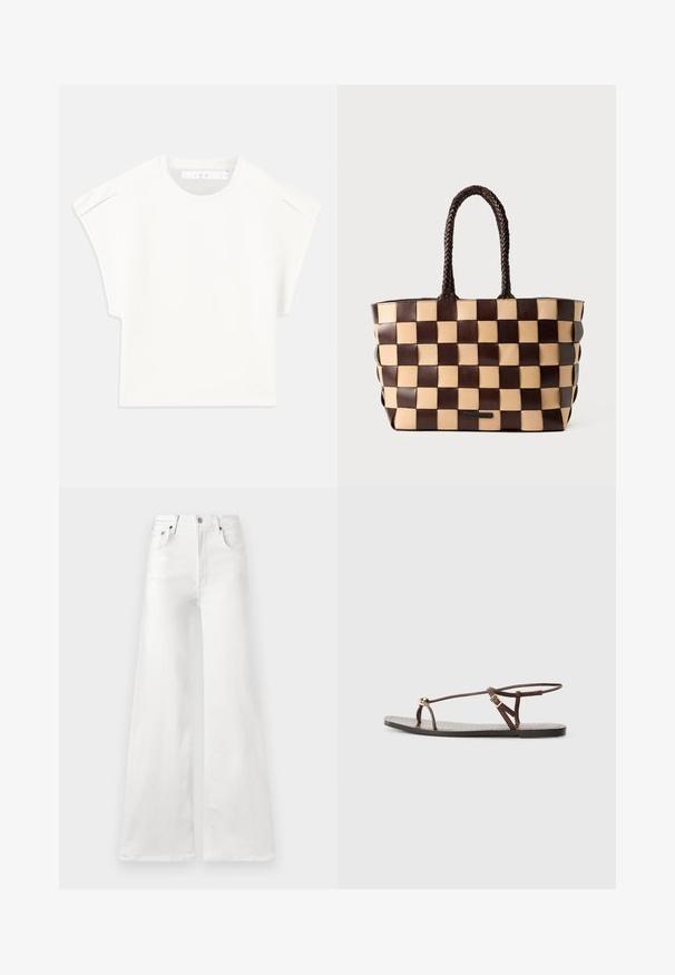 Valge kastikujuline T-särk lühikeste varrukatega. Valmistatud siledast kangast, millel on ümmargune kaelus ja diskreetne õlavarre aktsent. Lihtne disain.; Valged kõrge taljes laiad teksad, mis on valmistatud denimist, esise ühe nupuga kinnituse ja traditsiooniliste taskutega ees ja taga.; Pruun nahast sandaal õhukeste rihmadega, kuldse ümmarguse aktsendiga ja lamedaga põhjaga. Minimalistlik disain koos reguleeritava pandla detailiga.; Pruun ja beež nahast kott, millel on kootud ruuduline muster ja punutud sangad valgel taustal.