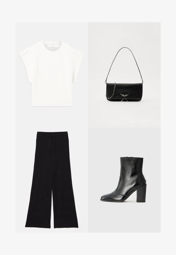 Fehér, doboz formájú póló rövid ujjakkal. Simára símított szövetből készült, kerek nyakkivágással és diszkrét vállrészletekkel rendelkezik. Egyszerű dizájn.; Fekete, bő szárú nadrág hálós anyagból, húzózsinórral a deréknál. A textúra légáteresztő és könnyű, alkalmas hétköznapi viseletre.; Fekete bőr bokacipő sima textúrával, hegyes orral és vastag, magas sarkával. Oldalnyílással és minimalista dizájnnal rendelkezik.; Fekete bőrtáska ezüstlánc pánttal, díszes szárnyakkal és fehér varrással az alsó varrat mentén.