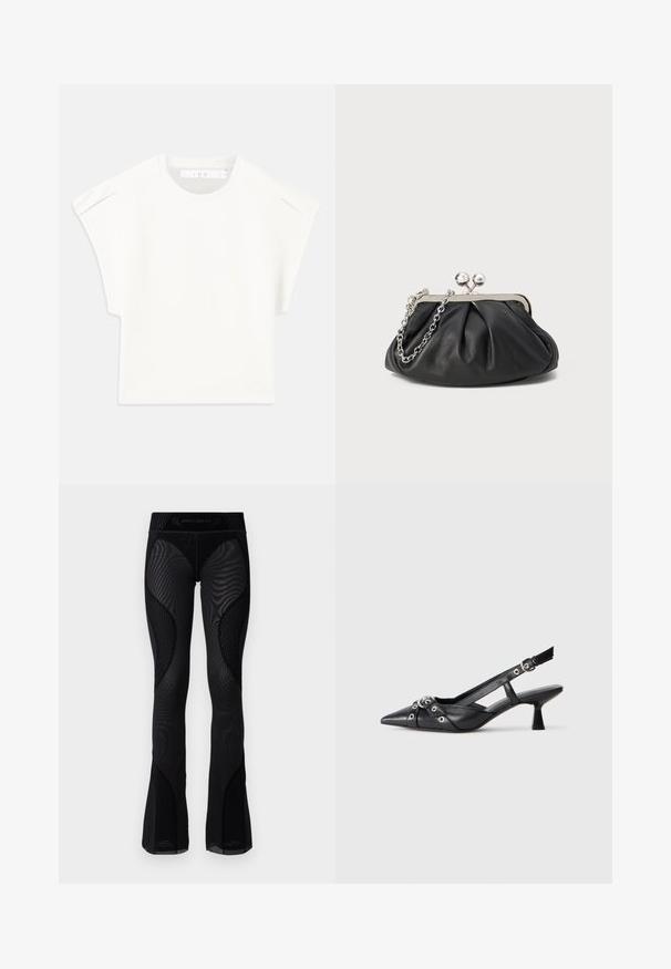 Witte boxy t-shirt met korte mouwen. Gemaakt van soepel materiaal, met een ronde halslijn en subtiele schouderaccenten. Eenvoudig ontwerp.; Zwarte mesh flared leggings met textuurdetails en patrooninzetten. Voorzien van een hoge tailleband met het merkembleem aan de bovenkant.; Zwarte leren slingback schoen met een puntige neus, decoratieve banden met metalen oogjes en een lage blokhak. Textuur oppervlak.; Zwarte leren clutch met geplooide textuur, zilverkleurig metalen frame, drukknopsluiting en kettingriem. Glad, zacht oppervlak.