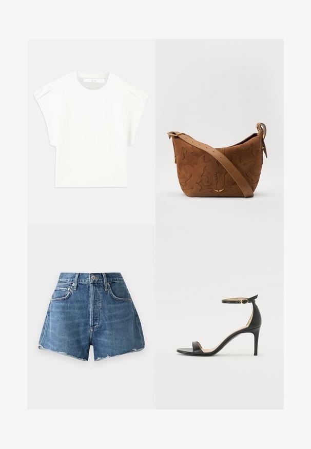Vitt boxigt t-shirt med korta ärmar. Tillverkad av mjukt tyg, med rund halsringning och subtila axelaccenter. Enkelt design.; Höga denimshorts i ljusblått, med fransat kant, fem fickor och metallknäppning. Tillverkade av slitstarkt bomullsmaterial.; Svart läder högklackad sandal med ankelrem. Har en mjuk yta, öppen tå och en tunn klack. Guldtonad spänne som detalj.; Brun mocka axelväska med präglande blommönster, kompletterad med ett slätt brunt läderhandtag och akcenter i guldton.
