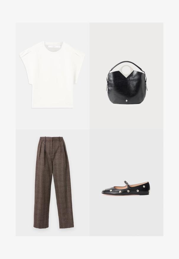 Camiseta blanca de corte cuadrado con mangas cortas. Fabricada con un tejido suave, presenta un escote redondo y sutiles acentos en los hombros. Diseño sencillo.; Pantalones de cuadros marrones con piernas anchas, frente plisado y una tela texturada. Presenta líneas azules y beige dentro del patrón.; Zapato plano tipo Mary Jane de cuero negro con punta redonda, adornado con tachuelas circulares plateadas y una correa ajustable con hebilla.; Bolso de cuero negro con forma curva, asa redonda en la parte superior y detalle de logo plateado. Textura suave y destacada característica de diseño con recortes.
