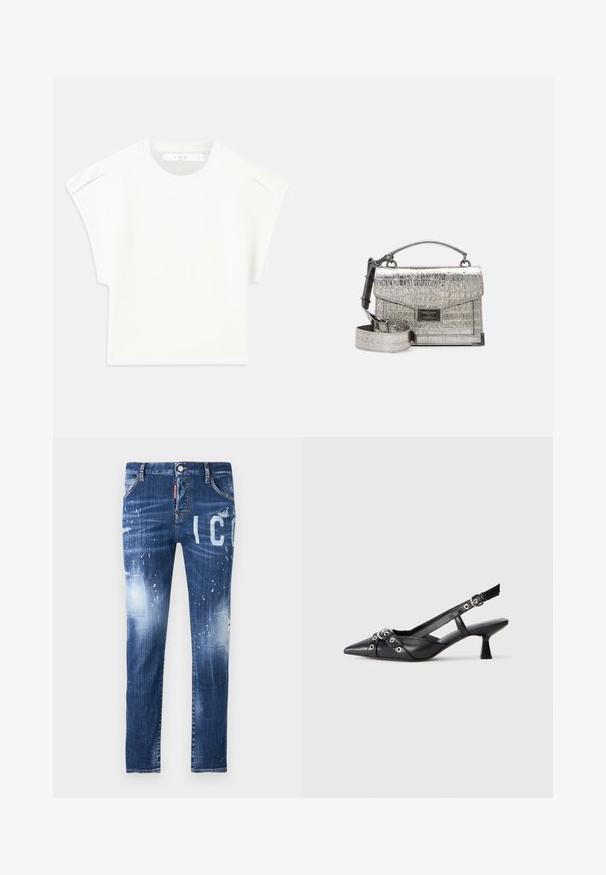 T-shirt bianco a forma scatolare con maniche corte. Realizzato in tessuto liscio, presenta un colletto rotondo e delicati dettagli sulle spalle. Design semplice.; Jeans in denim blu scuro con dettagli strappati, effetti di schizzi e grandi lettere bianche. Presentano un classico design a cinque tasche.; Scarpa slingback nera in pelle con punta affusolata, cinturini decorativi con occhielli metallici e tacco basso a blocco. Superficie testurizzata.; Borsa a tracolla di colore argento metallizzato con una texture in coccodrillo. Dotata di una maniglia superiore, cinturino staccabile e forma rettangolare con chiusura a scatto.