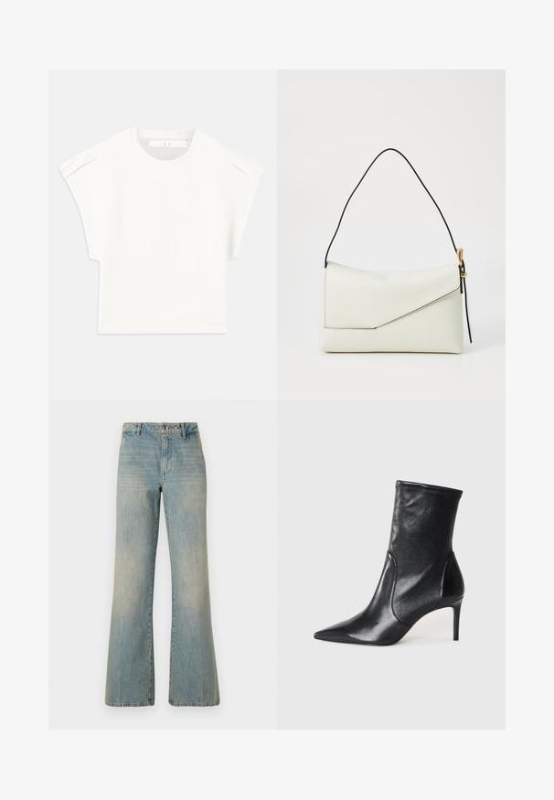 Tricou alb, cu croială pătrată și mâneci scurte. Fabricat dintr-un material fin, cu decolteu rotund și accente subtile la umeri. Design simplu.; Jeans din denim albastru deschis, cu croi larg și talie înaltă, cu închidere cu nasture și textură uzată. Au un design clasic cu cinci buzunare și picioare drepte.; Bocanci negri până la gleznă, din piele netedă, cu vârf ascuțit, arbore ajustat și toc subțire înalt. Design minimalist, fără hardware vizibil.; Geantă din piele albă cu închidere tip clapă triunghiulară, curea neagră, accente de hardware aurii și un finisaj neted.