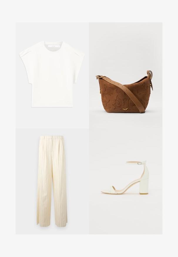 Vitt boxigt t-shirt med korta ärmar. Tillverkad av mjukt tyg, med rund halsringning och subtila axelaccenter. Enkelt design.; Krämfärgade byxor med vida ben och vertikala marinblå ränder, med en plisserad front och ett slätt, något texturerat tyg.; Vit läder blockklack-sandalett med en ankelrem och spänne samt minimalistisk design. Öppen tå och släta ytor genomgående.; Brun mocka axelväska med präglande blommönster, kompletterad med ett slätt brunt läderhandtag och akcenter i guldton.