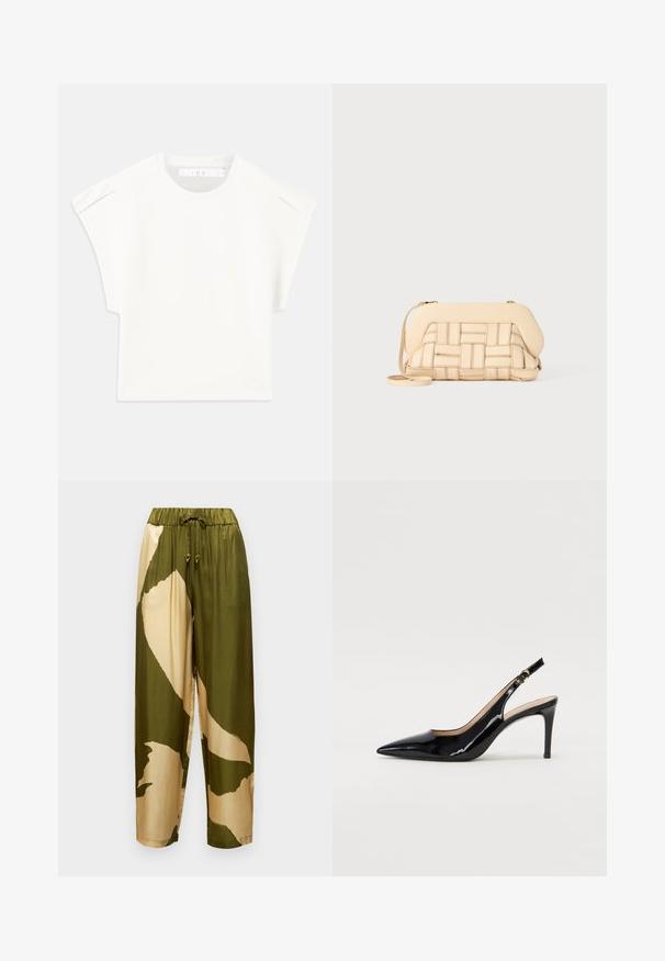 Biele štvorcové tričko s krátkymi rukávmi. Vyrobené z hladkej látky, s okrúhlym výstrihom a jemnými ramennými akcentmi. Jednoduchý dizajn.; Satinové nohavice s abstraktným vzorom v olivovo zelenej a béžovej farbe, elastickým pásom so sťahovacou šnúrkou a zúženými nohami.; Čierne lakované kožené slingback lodičky s špicatou špičkou, štíhlým podpätkom a jemným výrezom. Obsahuje zlatú pracku na remienku.; Tkaná béžová kabelka so štruktúrovaným dizajnom, s hladkým vrchom a dlhým popruhom. Textúrované detaily zlepšujú celkový vzhľad.