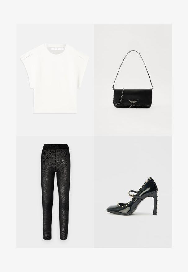 Biele štvorcové tričko s krátkymi rukávmi. Vyrobené z hladkej látky, s okrúhlym výstrihom a jemnými ramennými akcentmi. Jednoduchý dizajn.; Čierne legíny s leopardím vzorom, s lesklým textúrovaným povrchom a obtiahnutým strihom. Rozťahovací materiál, elastický pás.; Čierna lakovaná vysoká topánka na podpätku s špicatou špičkou, remienkom okolo členka a zlatými hrotmi pozdĺž okrajov.; Čierna kožená kabelka so strieborným reťazovým popruhom, so zdobnými krídelnými akcentmi a bielym prešívaním pozdĺž dolného švu.