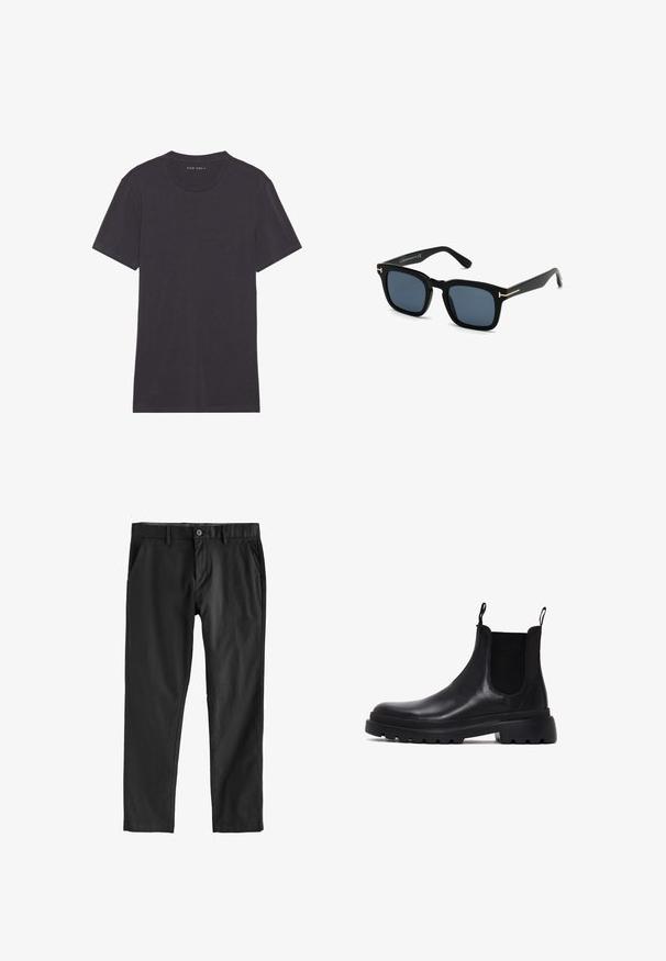 Dunkelgraues T-Shirt mit kurzen Ärmeln aus einem weichen, glatten Stoff. Runder Ausschnitt mit sauberen Nähten und ohne Verzierungen oder Muster.; Schwarze Hosen aus glattem Stoff, mit Knopfverschluss, seitlichen Taschen und geradem Bein-Design. Keine sichtbaren Muster oder Texturen.; Schwarze Leder Chelsea-Boots mit elastischen Seitenpaneelen, Zuglaschen und einer dicken Gummisohle mit strukturiertem Profil. Klassisches Knöchelhöhen-Design.; Schwarze quadratische Sonnenbrillen mit dunklen Gläsern, mattem Finish und goldenen Metallakzenten an den Bügeln, die ein minimalistisches Design aufweisen.