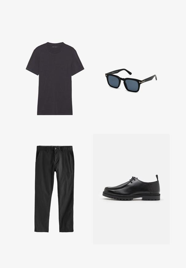 Maglietta a maniche corte grigio scuro in un tessuto morbido e liscio. Girocollo con cuciture pulite e senza decorazioni o motivi.; Pantaloni neri in tessuto liscio, con chiusura a bottone, tasche laterali e design a gamba dritta. Nessun motivo o texture visibili.; Scarpa nera in pelle con lacci e suola robusta, con un pratico anello sul tallone, vista di lato su sfondo bianco.; Occhiali da sole neri a forma quadrata con lenti scure, finitura opaca e dettagli in metallo dorato sulle tempie, caratterizzati da un design minimalista.