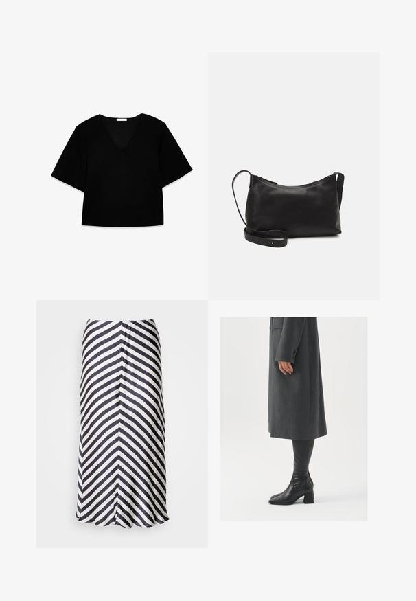 Musta V-pääntie lyhythihainen paita, jonka leikkuu on rento. Valmistettu pehmeästä kankaasta, siinä on yksinkertainen muotoilu ja selkeät linjat ilman kuvioita tai koristeita.; Polvivarren hame, jossa on viisto musta-valkoinen raitakuosi, valmistettu kevyestä kankaasta, jonka pinta on pehmeä ja helma on levenevä.; Harmaa, muotoiltu pitkätakki suoran leikkauksen kanssa; yhdistetty polven yli yltäviin mustiin nahkasaappaisiin, joissa on neliön muotoinen kärki ja paksu kanta.; Musta nahkainen olkalaukku, jossa on sileä pinta, kaareva muoto, säädettävä hihna ja vetoketjukiinnitys. Minimalistinen muotoilu ilman koristeita.