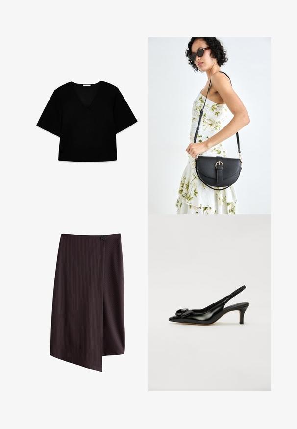 Svart V-ringad kortärmad topp med lös passform. Tillverkad av mjukt tyg, har den en enkel design och rena linjer utan mönster eller dekorationer.; Mörkbrun kjol med vertikala smala ränder, med omlottsdesign och knappstängning vid midjebandet. Slät yta. Kanterna är asymmetriska.; Svart blank läder slingback-sko med spetsig tå, liten klack och en framträdande rosettaccent på vampen. Slät textur och elegant design.; Svart läderhandväska med en böjd form, avtagbar rem och guldiga detaljer. Väskan har ett lock med en spänndetalj.