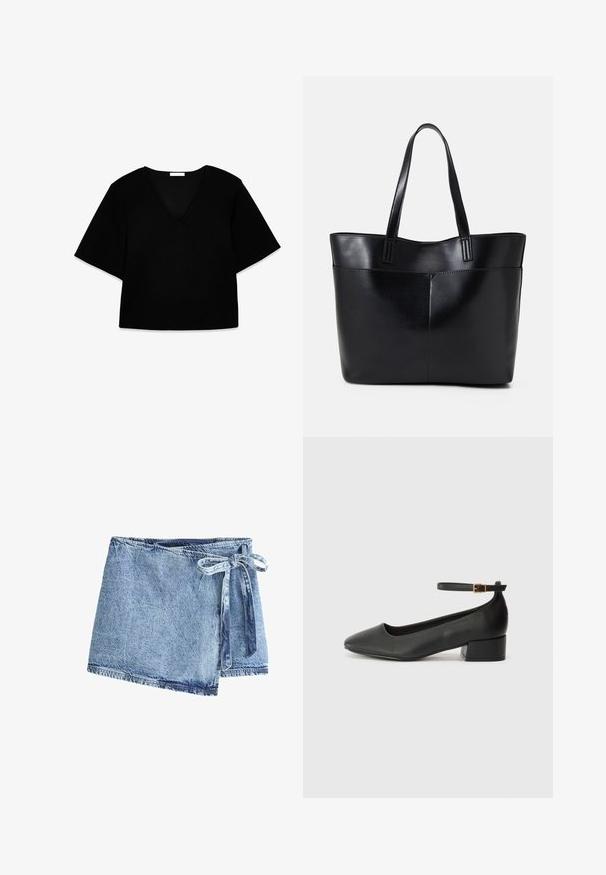 haut noir à col en V à manches courtes avec une coupe ample. Fabriqué en tissu doux, il présente un design simple et des lignes épurées sans motifs ni accents.; Jupe portefeuille en denim bleu clair, dotée d'une fermeture à nouer. Le tissu présente une finition texturée et un ourlet brut avec des détails de couture contrastants.; Escarpin en cuir noir avec un bout pointu et un petit talon bloc. Doté d'une bride de cheville avec une boucle dorée. Texture lisse.; Sac fourre-tout en cuir noir avec deux longues poignées, une texture lisse et une forme structurée. Dispose d'une poche avant pour un rangement supplémentaire.