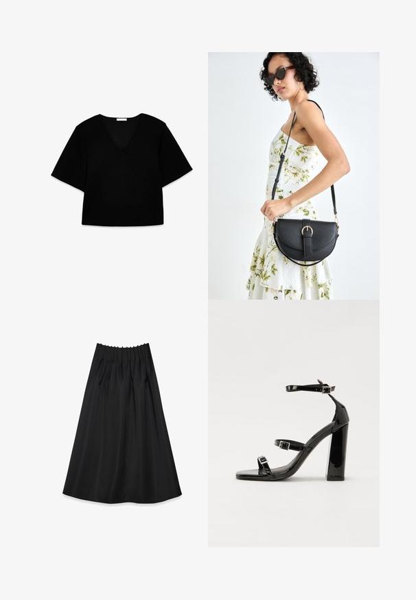 Črn V-izrez majica s kratkimi rokavi in ohlapnim krojem. Narejena iz mehkega materiala, ima preprost dizajn in čiste linije brez vzorcev ali dodatkov.; Črna krila iz gladkega materiala z elastičnim pasom in nabornim dizajnom, ki sega do dolžine do sredine meč.; Črne lakirane sandale s peto, kvadratnim prstom, trakovi okrog gležnja in srebrnimi zaponkami. Opremljene so s stabilno Debelo peto.; Črna usnjena torbica s ukrivljeno obliko, z odstranljivo naramnico in zlatimi dodatki. Torbica ima pokrov s podrobnostmi v obliki zaponke.