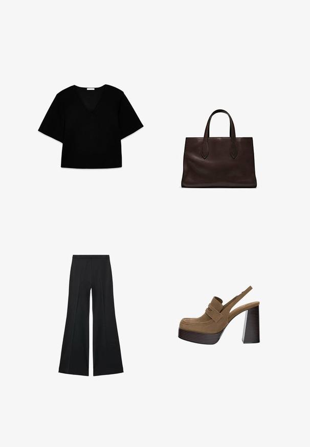 Schwarzes V-Ausschnitt-T-Shirt mit kurzen Ärmeln und lockerer Passform. Hergestellt aus weichem Stoff, zeichnet es sich durch ein einfaches Design und klare Linien ohne Muster oder Akzente aus.; Schwarze weit geschnittene Hose mit glatter Textur, ausgestattet mit Frontfalten und einem taillierten Design. Der Stoff ist leicht und fließend.; Braune Wildleder-Plateaupumps mit einem dicken, gerippten Blockabsatz und einem breiten Riemen über dem Obermaterial, ausgestattet mit einem runden Zehendesign.; Braune Ledertasche mit zwei langen Griffen, strukturierte rechteckige Form, glatte Textur und dezente Nähdetails.