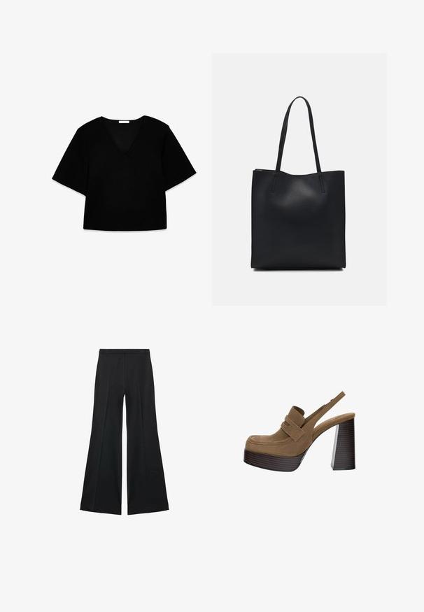 Sort V-hals, kortærmet top med løs pasform. Lavet af blødt stof, den har et enkelt design og rene linjer uden mønstre eller detaljer.; Sorte brede bukser med en glat tekstur, der har fremadrettede folder og en skræddersyet design. Stofferne er lette og flerdimensionelle.; Brune ruskind platformhæle med en tyk, ribbet blokhæle og en bred strop over forfoden, der har et rundt tærsdesign.; Sort læder tote taske med glat tekstur, rektangulær form og to lange hanke. Ingen synlig hardware eller udsmykninger.