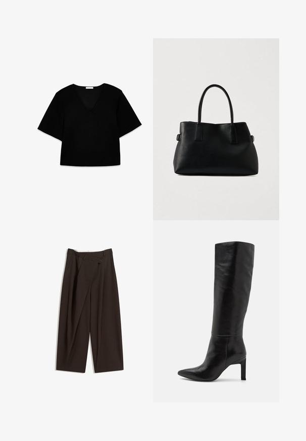 Svart V-ringad kortärmad topp med lös passform. Tillverkad av mjukt tyg, har den en enkel design och rena linjer utan mönster eller dekorationer.; Mörkbruna vida byxor med hög midja, med en enkel knappstängning och plisserad front. Tillverkade av lätt tyg.; Knä-höga svarta läderstilettstövlar med spetsig tå och slät yta. Klacken är i blockstil, vilket ger stabilitet åt designen.; Svart läderhandväska med två rundade handtag och sidor med spänndetaljer på en helt vit bakgrund.