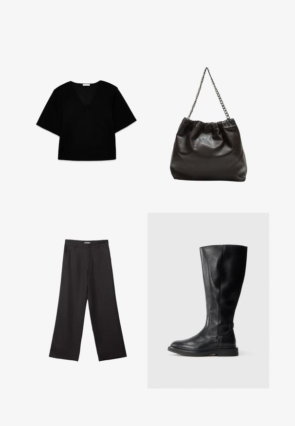 Svart V-ringad kortärmad topp med lös passform. Tillverkad av mjukt tyg, har den en enkel design och rena linjer utan mönster eller dekorationer.; Svarta vida byxor i slät väv, med dragkedja fram och två sidofickor, med skräddarsydd passform och minimalistisk design.; Svarta läderknähöga stövlar med rund tå, något strukturerad ovandel och gummisula. Har en sidopanel för enkel påtagning.; Brun läderväska med rynkad topp och kedjesnodd. Slät textur med en blankslipad yta och subtila sömdetaljer på sidorna.