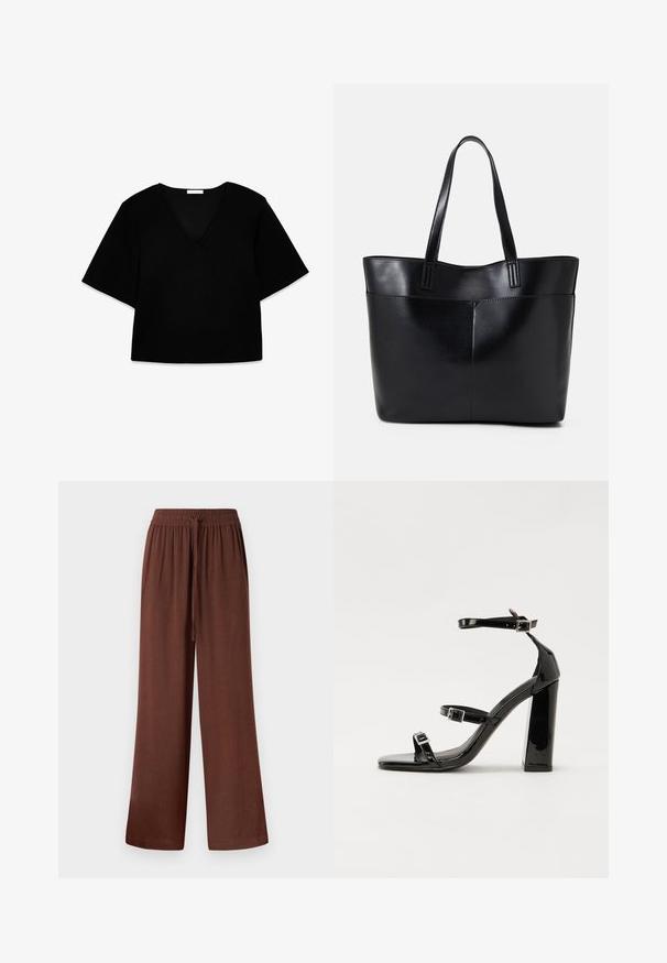 Juodas V-kaklo trumpų rankovių marškinėliai su laisvu siluetu. Pagaminta iš minkštos medžiagos, turi paprastą dizainą ir švarias linijas be raštų ar akcentų.; Rudos, plačios kojos kelnės su elastingu juosmeniu ir raišteliu. Pagamintos iš minkštos, lengvos medžiagos su lygiu paviršiumi.; Juodos patentuotos aukštakulnės basutės su dviem sagtelėmis, kvadratine nosimi ir stambiu blokiniu kulnu, pasižyminčios lygiu, blizgiu paviršiumi.; Juoda odinė rankinė su dviem ilgais diržais, lygiu paviršiumi ir struktūrizuota forma. Yra priekinė kišenė papildomam saugojimui.