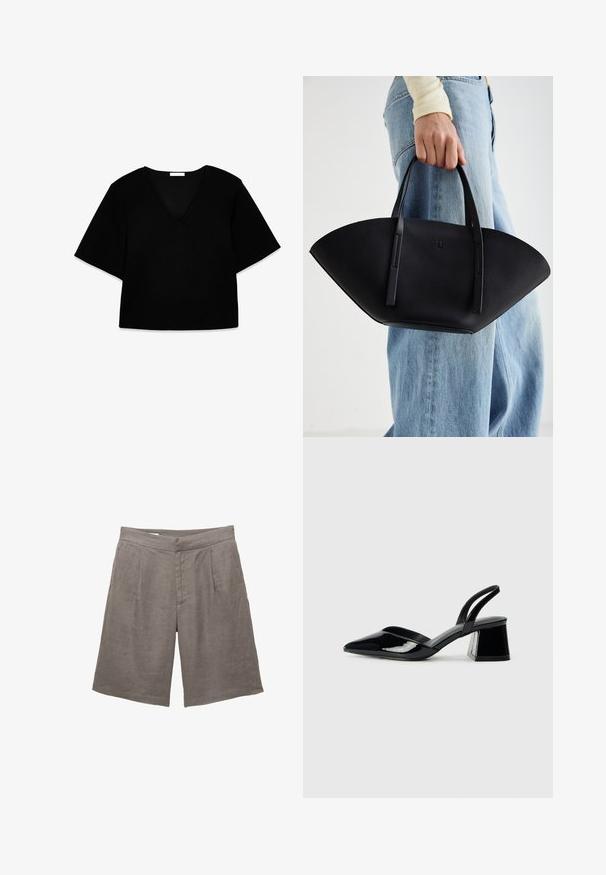 Musta V-pääntie lyhythihainen paita, jonka leikkuu on rento. Valmistettu pehmeästä kankaasta, siinä on yksinkertainen muotoilu ja selkeät linjat ilman kuvioita tai koristeita.; Harmaat pellavashortsit rennosti istuvalla leikkauksella, joissa on tasainen etu, kaksi etupleiä ja sivutaskut. Sileä tekstuuri ilman näkyviä kuvioita.; Mustat patentoitu nahkakengät, joissa on säären takaosa ja terävä kärki, sekä geometrinen palikkakorko. Sisältää tyylikkään, minimalistisen muotoilun ja sileän pinnan.; Musta nahkainen käsilaukku, jossa on ainutlaatuinen tuulihattukuvio, jossa on litteät kahvat. Pinnassa on karkeapintainen rakenne ja minimalistinen muotoilu.
