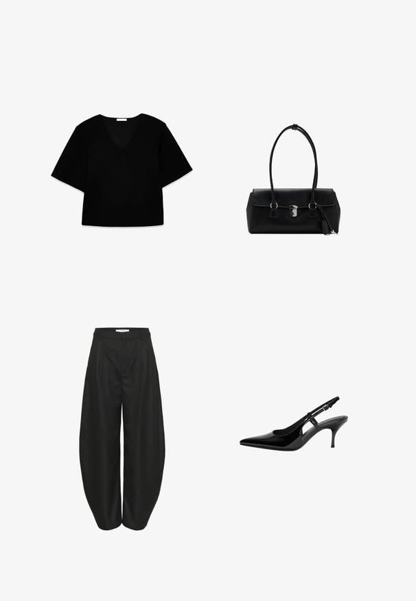 Zwarte V-hals top met korte mouwen en een losse pasvorm. Gemaakt van zachte stof, heeft het een eenvoudig ontwerp en strakke lijnen zonder patronen of accenten.; Zwarte hoge taille wijde broek met plooien, riemlussen en een verborgen sluiting aan de voorkant, ontworpen door Gestuz.; Zwarte gepatenteerde leren slingback pump met puntige neus, open zijuitsparingen, slanke hak en verstelbare enkelband.; Zwarte leren handtas met een gladde textuur, gestructureerd ontwerp, dubbele hengsels en een zilveren sluiting in het midden.