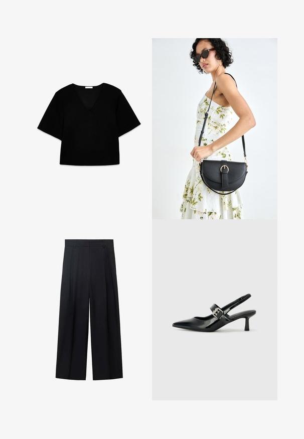 Musta V-pääntie lyhythihainen paita, jonka leikkuu on rento. Valmistettu pehmeästä kankaasta, siinä on yksinkertainen muotoilu ja selkeät linjat ilman kuvioita tai koristeita.; Mustat korkeat housut, jotka on valmistettu sileästä kankaasta. Niissä on leveät lahkeet, kaksi etupleiksiä ja siisti, minimalistinen muotoilu.; Musta patenttinaahkakengät, joissa on osoittava kärki ja pieni lohko korko, varustettuna hopeisella soljella hihnassa.; Musta nahkainen käsilaukku, joka on kaareva muotoilultaan, irrotettavalla hihnalla ja kultaisilla yksityiskohdilla. Laukussa on läppä, jossa on solk yksityiskohta.