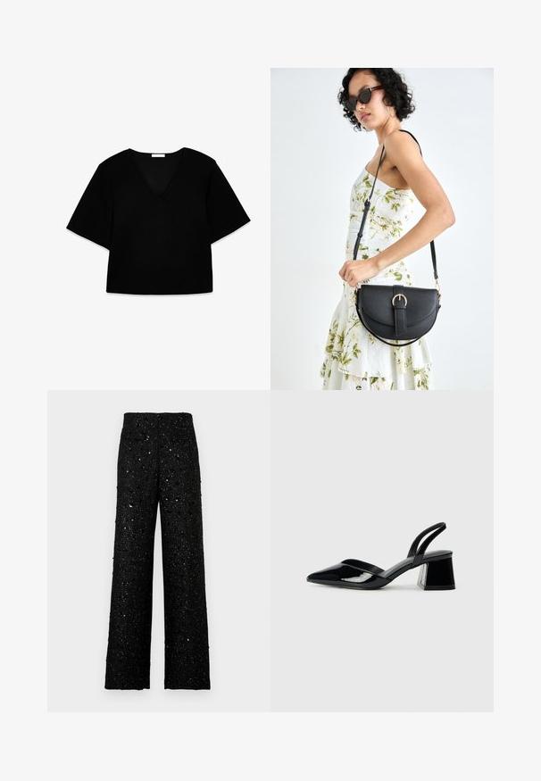 Black V-neck short-sleeve top with a loose fit. Made of soft fabric, it features a simple design and clean lines without patterns or accents.; Black wide-leg pants with a textured, glittery fabric and scattered small sequins for a shimmering effect.; Black patent leather slingback heels with a pointed toe and a geometric block heel. Features a sleek, minimal design and smooth texture.; Black leather handbag with a curved shape, detachable strap, and gold hardware. The bag features a flap with a buckle detail.
