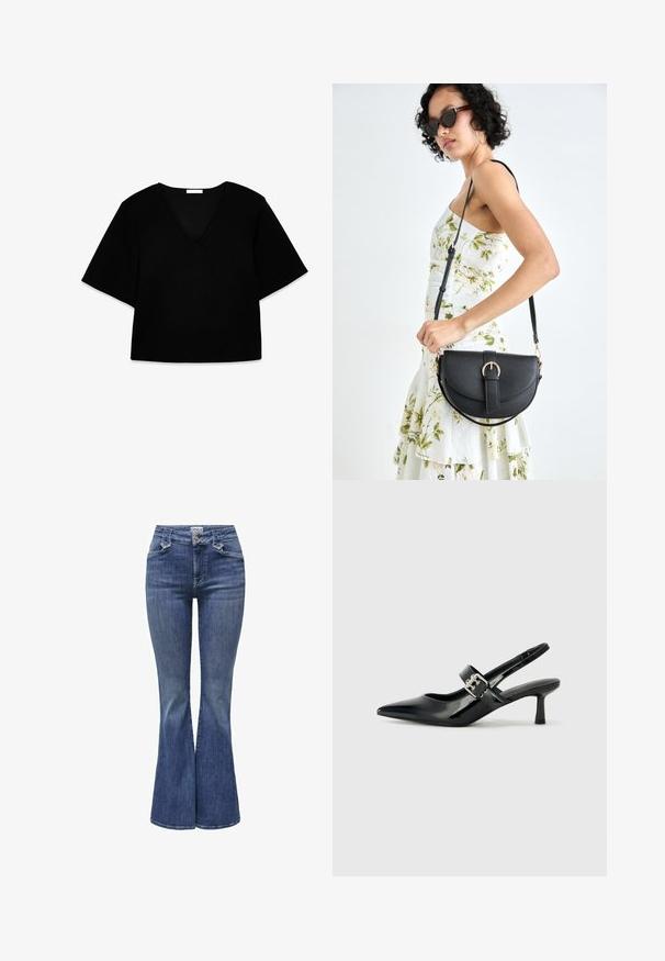 Svart V-ringad kortärmad topp med lös passform. Tillverkad av mjukt tyg, har den en enkel design och rena linjer utan mönster eller dekorationer.; Jeans med utsvängda ben i mellanblått, med hög midja, femficksdesign och kontrasterande sömnad. Knäppning fram.; Svarta patentläder slingback-klackar med spetsig tå och en liten blockklack, med en silvrig spänneaccent på remmen.; Svart läderhandväska med en böjd form, avtagbar rem och guldiga detaljer. Väskan har ett lock med en spänndetalj.