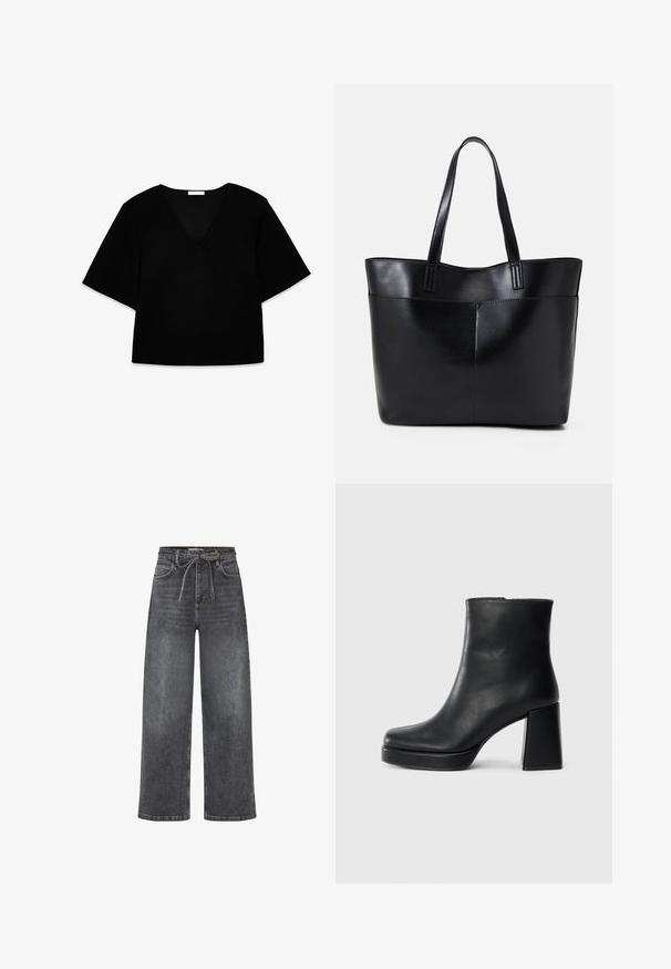 Zwarte V-hals top met korte mouwen en een losse pasvorm. Gemaakt van zachte stof, heeft het een eenvoudig ontwerp en strakke lijnen zonder patronen of accenten.; High-waisted, wijde zwarte denim jeans met voorzakken en een stoffen riem die in een strik om de taille is geknoopt.; Zwarte leren enkelboot met een blokhak en platformzool, zijaanzicht op een effen witte achtergrond.; Zwarte leren tote bag met twee lange handvatten, een zachte textuur en een gestructureerde vorm. Voorzien van een voorvak voor extra opslagruimte.