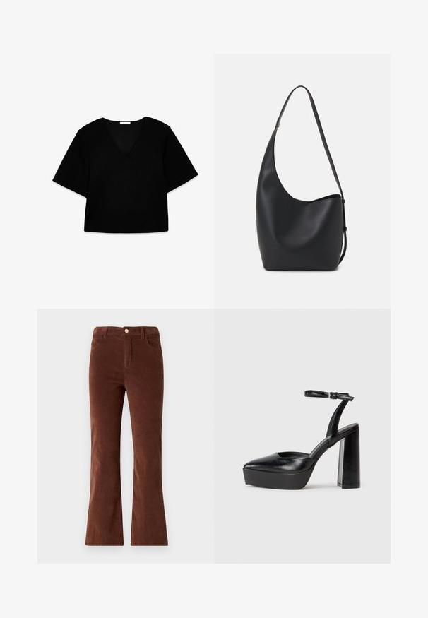 Juodas V-kaklo trumpų rankovių marškinėliai su laisvu siluetu. Pagaminta iš minkštos medžiagos, turi paprastą dizainą ir švarias linijas be raštų ar akcentų.; Rudi kaštonų spalvos platėjantis kelnes su vidutinio juosmens, su mygtuko uždarymu ir dviem priekiniuiais kišenėmis. Lygi tekstūra ir pastovi spalva.; Juodi platforminiai aukšti kulniukai su smailiu kojų pirštu ir reguliuojamu kulkšnies dirželiu. Pagaminti iš lygaus odos, turi masyvų blokinį kulną.; Juodas odinis hobo maišas su lygiu paviršiumi, kreipta forma ir viena reguliuojama rankena; turi platų atidarymą viršuje.