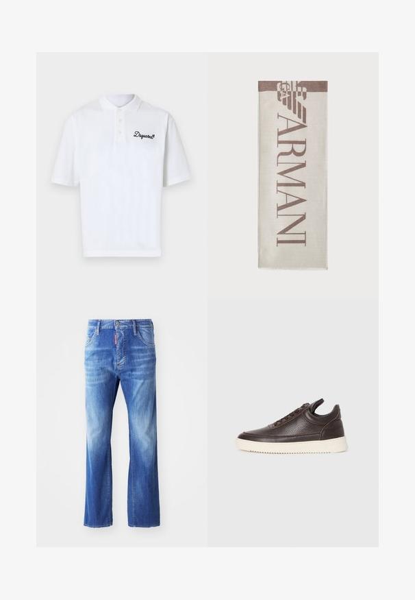 Polo in cotone bianco con colletto classico, tre bottoni e logo "Dsquared2" ricamato in nero sul lato sinistro.; Jeans in denim blu chiaro con una vestibilità rilassata, caratterizzati da un lavaggio sbiadito, gambe dritte, design a cinque tasche e un'etichetta rossa in vita.; Sneaker in pelle texturizzata marrone scuro con lacci davanti e suola in gomma bianca rigata su uno sfondo chiaro semplice.; Sciarpa beige con logo "ARMANI" in marrone. Forma rettangolare con una texture morbida e bordi frangiati. Design minimalista, materiale di alta qualità.