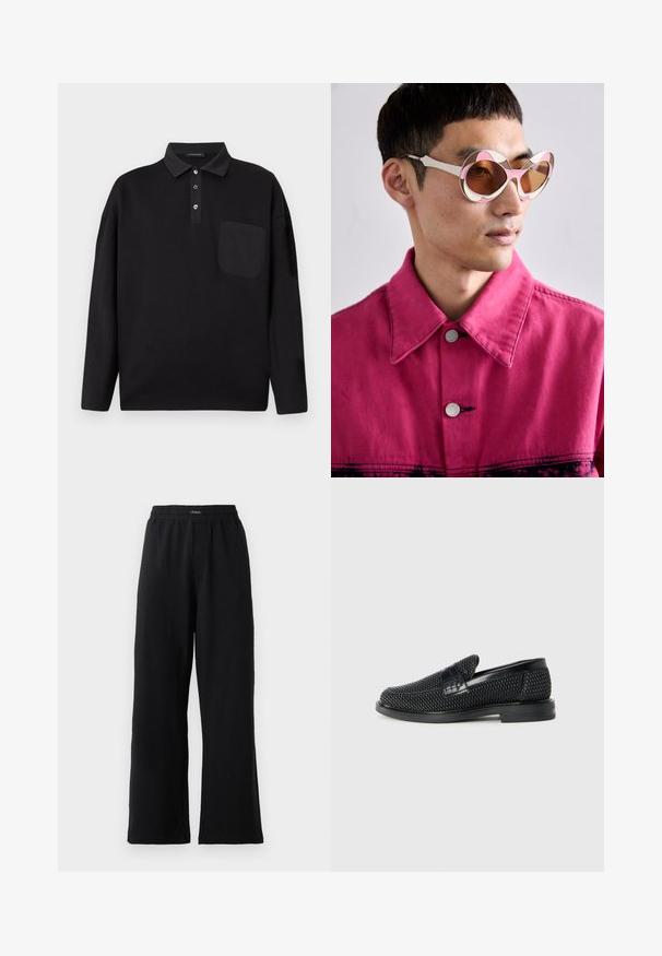 Fekete, hosszú ujjas pólóing gombos gallérral, mellzsebbel és diszkrét "Les Benjamins" logóval a bal mellrészen.; Fekete melegítőnadrág puha szövetből, rugalmas derékpánttal, egyenes lábszárral, és nincs látható minta vagy díszítés.; Fekete szőtt slip-on cipő sima bőr díszítéssel a felsőrészen, kerek orral és alacsony profilos gumitalppal.; Fehér és rózsaszín, oversize napszemüveg, ívelt kerettel, barna tónusú lencsékkel. A modellen rózsaszín farmerdzseki van, gallérral.