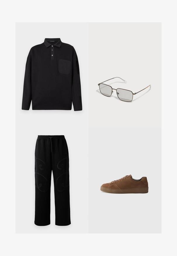 Čierna polokošeľa s dlhými rukávmi, so zapínacím golierom, náprsné vrecko a decentné logo "Les Benjamins" na ľavej strane hrude.; Čierne tepláky s voľným strihom, s komplikovanými krúživými stehovými vzormi pozdĺž strán a elastickým pásom so šnúrkou.; Hnedé semišové tenisky s okrúhlou špičkou, plochými šnúrkami a textúrovanou gumovou podrážkou. Jednoduchý dizajn s minimálnymi akcentmi.; Hnedé slnečné okuliare s kovovým rámom a štvorcovými šošovkami, so sivými tónovanými šošovkami, priehľadnými koncami ramien a oranžovým akcentom na ramenách.