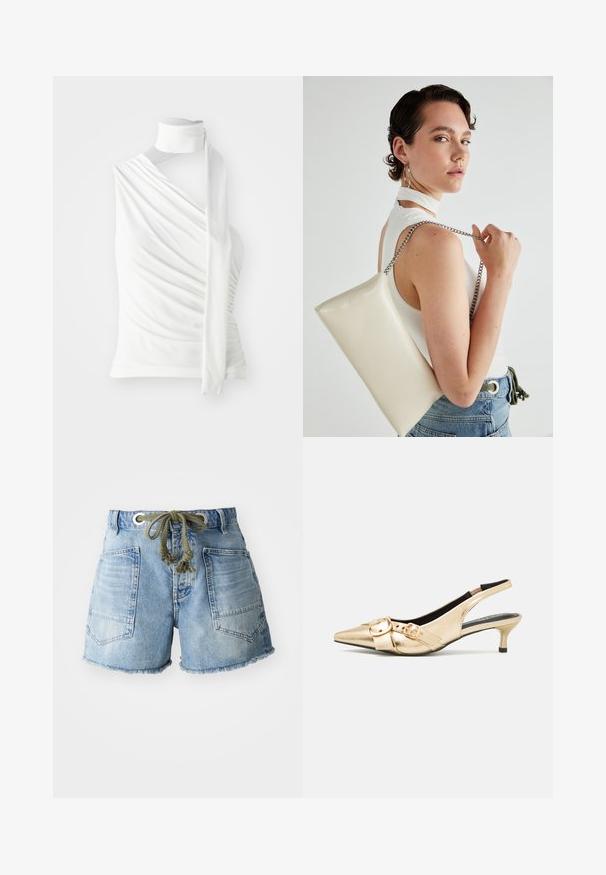 Fehér ujjatlan felső magas nyakkivágással, redőzött anyaggal és hosszú oldalmegkötéssel. Simogatós textúrájú és testhez simuló sziluett.; Világoskék farmer rövidnadrág, kifröccsent szegéllyel. Két hátsó zsebbel és ezüst szíjjal rendelkezik, amely lehetővé teszi a méret állítását.; Aranybőr, hegyes orrú, sarok nélküli magassarkú cipők, kis kitten sarokkal és két csat díszítéssel az elején. Simaszerkezet, elegáns dizájn.; Fehér, téglalap alakú, fényes anyagból készült clutch táska, ezüst láncos pánttal. A modell pózol, bemutatva a táskát egy egyszínű háttér előtt.