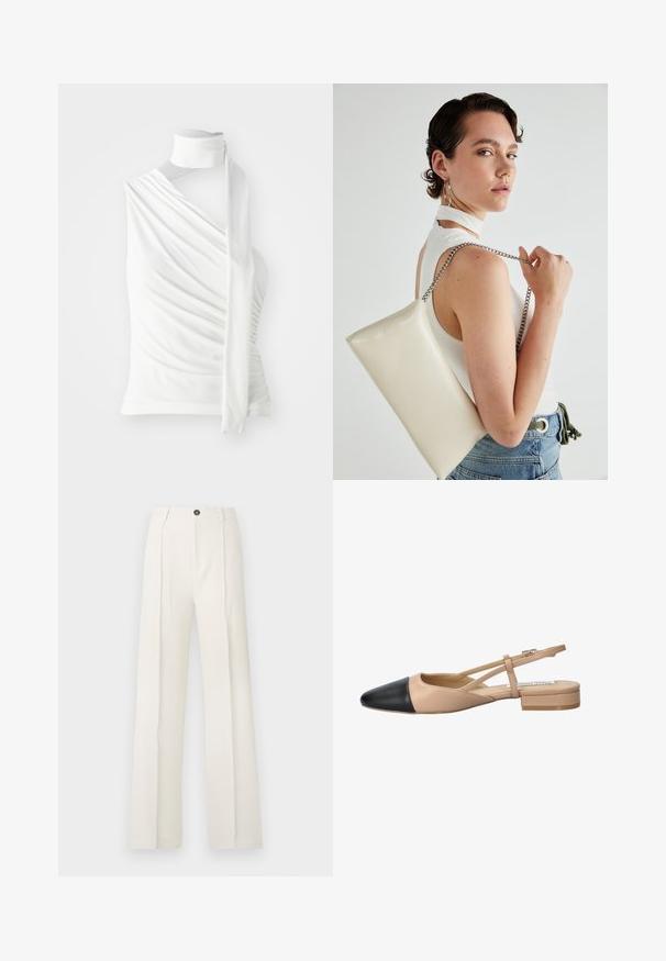 Top bianco senza maniche con scollo alto, tessuto drappeggiato e lungo fiocco laterale. Texture liscia e silhouette aderente.; Pantaloni bianchi a gamba larga con vita alta, caratterizzati da due pinces frontali, chiusura con un bottone e tasche. Tessuto a trama liscia.; Scarpa slingback bicolore beige e nera con punta affilata, tacco piatto e dettaglio a fascia incrociata. Texture in pelle liscia.; Borsa a pochette rettangolare bianca realizzata in materiale lucido, con una tracolla in catena argentata. Il modello posa, mostrando la borsa su uno sfondo semplice.