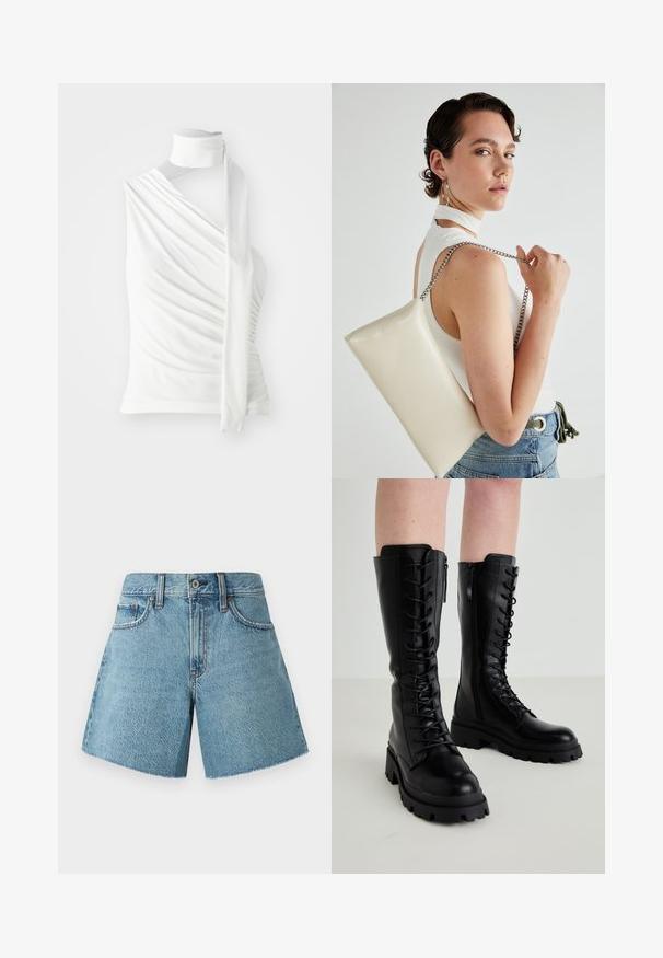 Bijela bezrukavna majica s visokim izrezom, drapiranje tkanine i dugim bočnim vezivanjem. Glatka tekstura i prilagođeni silueta.; Traper šorts u svijetloplavoj boji, s visokim strukom, pet džepova i neurednim rubom. Izrađeni od teksturirane pamučne tkanine s klasičnim dizajnom.; Crne kožne čizme do koljena s vezanjem sprijeda, bočnim patentnim zatvaračem, debelim gumеним potplatom i teksturiranim detaljima na gornjem dijelu.; Bijela pravokutna torbica s kopčanjem, izrađena od sjajnog materijala, s srebrnim lančićem. Model pozira, prikazujući torbicu na jednostavnoj pozadini.
