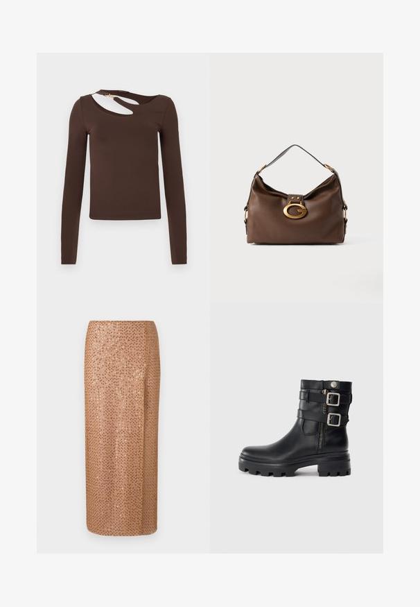 Maglietta marrone a maniche lunghe realizzata in tessuto elasticizzato, con un design a ritaglio sul collo e un dettaglio con zip dorata sulla spalla.; Gonna midi con perline in beige chiaro con design a paillettes, caratterizzata da una silhouette dritta e una spaccatura laterale per dettagli e movimento.; Stivale alla caviglia in pelle nera con doppi dettagli a fibbia, chiusura con zip, suola spessa e superficie liscia. Presenta un design robusto e alla moda.; Borsa a mano in pelle marrone con una finitura testurizzata, dotata di un gancio in metallo dorato e di una singola tracolla curva.