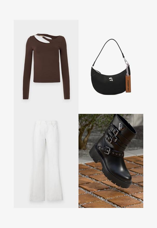 Brūns garām piedurknēm topiņš, kas izgatavots no elastīga materiāla, ar izgriezumu apkaklē un zelta rāvējslēdzēju uz pleca.; Baltās platas denima bikses ar augstu jostu, ar priekšējiem kabatām, jostas cilpām un klasisku pogu aizdari. Gluda tekstūra, ikdienas dizains.; Melna ādas potītes zābaku ar trim regulējamām sprādzēm, teksta akcentiem, apaļu purngali, masīvu gumijas zoli un metālisku logo detaļu.; Melnas ādas rokassomu ar akmens struktūru, izliekta forma, augšējā rāvējslēdzēja aizvēršana, sudraba detaļas un brūns birkas. Iespējas logotipa akcentam.