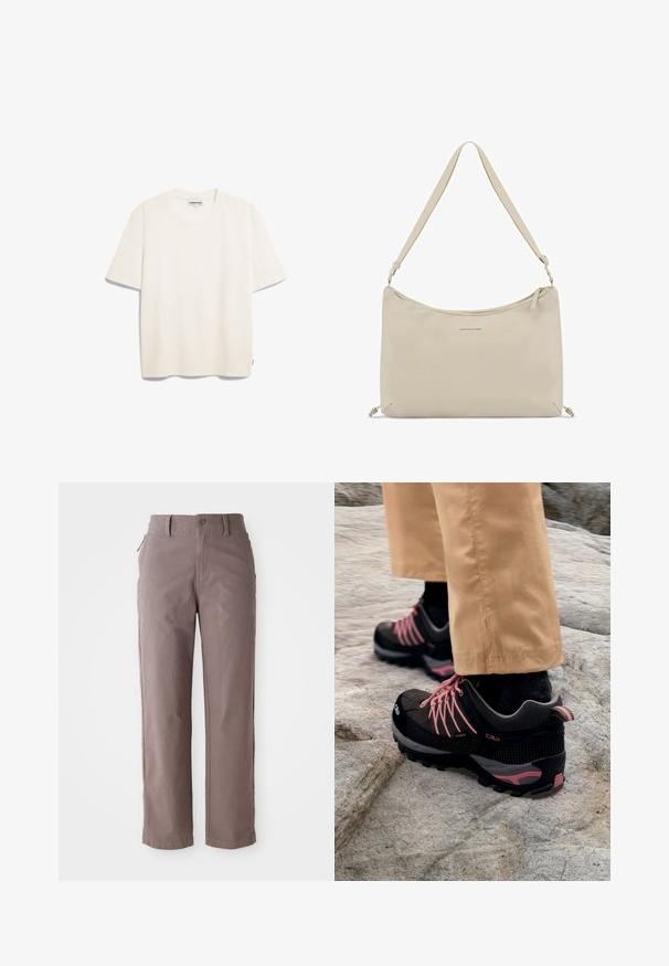 Rundhals, kurzärmeliges T-Shirt aus weichem, leichtem Baumwollstoff. Helles Beige mit einer lockeren Passform und einem Etikett an der Seitennaht.; Braune Baumwoll-Twill-Hosen mit geradem Bein, ausgestattet mit einem Frontknopfverschluss und Seitentaschen, glatter Textur und klaren Linien.; Schwarze und graue Wanderschuhe mit pinken Akzenten, ausgestattet mit einem strukturierten Obermaterial, einer verstärkten Zehenkappe und einer robusten Profilsohle, die auf felsigem Gelände liegen.; Beige Schultertasche aus Stoff mit glatter Textur, Reißverschluss, verstellbarem Tragegurt und einem dezenten Logo auf der Vorderseite. Schlichtes, minimalistisches Design.