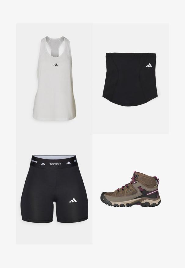 Biała sportowa koszulka bez rękawów wykonana z lekkiego materiału, z plecakiem i małym czarnym logo na klatce piersiowej.; Czarne szorty wykonane z elastycznej tkaniny o dopasowanym kroju. Posiadają szeroki czarny pas z napisem "TECHFIT" oraz biały logo na nodze.; Keen TARGHEE III MID WP brązowy; Czarna sportowa opaska na głowę o gładkiej fakturze, zakrzywionym kształcie i elastycznym szczycie. Posiada małe, białe logo Adidas po boku.