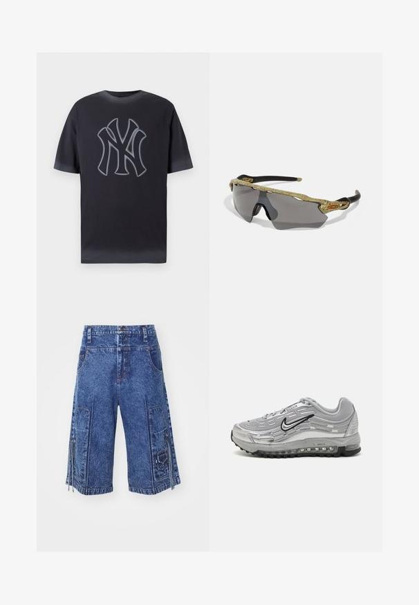 Tmavošedé bavlnené tričko so zvýrazneným sivým logom NYC v kontrastnom strede. Krátke rukávy a klasický strih s okrúhlym výstrihom.; Džínové cargo šortky strednej modrej farby s prednými vreckami, bočnými cargo vreckami a zipsovými detailami. Majú rovný strih a štruktúrovanú tkaninu.; Sivé tenisky Nike Air Max s vrchnou časťou z jemnej siete a syntetického materiálu, vlnkovým dizajnom, čiernymi akcentmi a viditeľnou vzduchovou tlmiacou jednotkou.; Športové slnečné okuliare so zeleným vzorovaným rámom, čiernymi stranami a šedými šošovkami. Dizajn obsahuje okrúhly štýl s odvážnym, športovým tvarom.