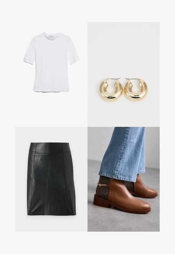 Balta trumpa rankovėmis marškinėliai, pagaminti iš pasiruošusio audinio. Apvali iškirptė, reguliari tinkamumas ir subtilūs siuvimo detalės. Be raštų ar grafikos.; Juodas odinis sijonas su prigludusia forma. Sklandžiai tekstūra, siūlės apibrėžiančios formą ir tiesus apvadas. Minimalistiškas ir elegantiškas išvaizda.; Rudi odos auliniai batai su lygia apdaila, turintys raštuotą tamsiai rudą šoną ir auksinę grandinėlę ant kulno.; Auksinės auskarų lankeliai su lygiu, suapvalintu dizainu ir blizgiu paviršiumi, turintys užsegimą. Išgraviruota "DKNY."