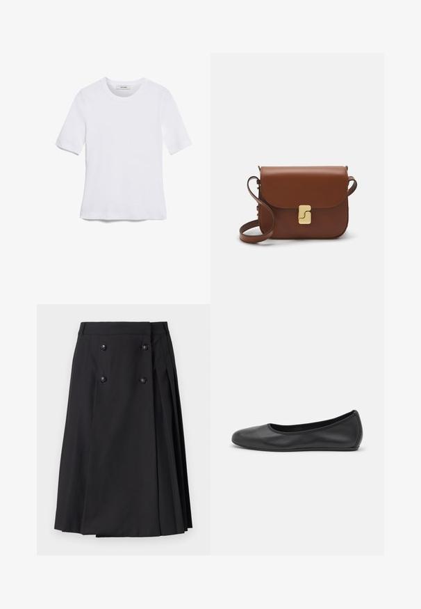 Bela kratka majica s kratkimi rokavi iz rebrastega materiala. Okrogla ovratnica, običajen kroj in subtilni šivi. Brez vzorcev ali grafik.; The Kooples JUPE - Krilo A-kroja - black; Črne usnjene balerinke z zaobljenim nosom, gladko teksturo, minimalnimi šivi in fleksibilno zasnovo podplata.; Rjava usnjena torbica s poklopcem, zlato obarvani okovi, naramnica in gladka tekstura. Kompaktna pravokotna oblika.