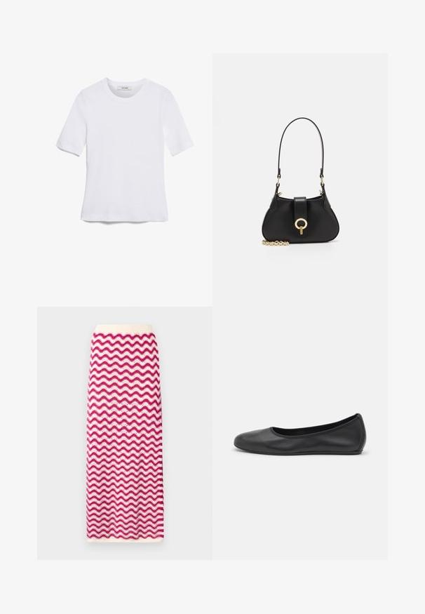 Bílá tričko s krátkým rukávem vyrobené z žebrované tkaniny. Kulatý výstřih, normální střih a jemné detaily šití. Bez vzorů nebo grafik.; Pletená midi sukně s vlnkovým vzorem v růžové a bílé barvě. Elastický pas a strukturovaný povrch. Přímý silueta a délka po kotníky.; Černé kožené baletní byty s kulatou špičkou, hladkou texturou, minimálními švy a flexibilním designem podrážky.; sandro JANET - Kabelka - noir
