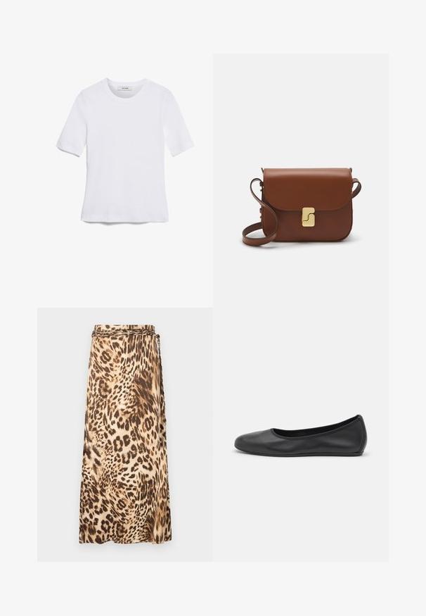 Fehér, rövid ujjú póló ribbed anyagból. Kerek nyakkivágás, normál szabás és diszkrét varrási részletek. Nincsenek minták vagy grafikák.; Leopárdmintás, laza maxi szoknya bézs és barna árnyalatokban, fonott derékpánt részlettel. Simított anyag, eséses sziluett.; Fekete bőr balettcipő lekerekített orral, sima tekstúrával, minimális varrással és rugalmas talp kialakítással.; Barna bőr kézitáska, hajtókás zárással, arany színű fém kiegészítőkkel, vállpánttal és sima felülettel. Kompakt téglalap alakú.