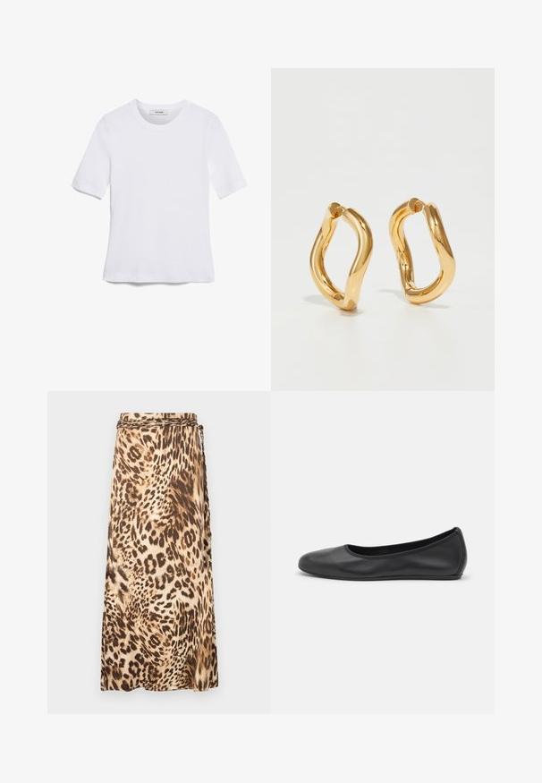 Hvid kortærmet t-shirt lavet af ribbet stof. Rund halsudskæring, almindelig pasform og subtile syninger. Ingen mønstre eller grafik.; Leopardmønster, let maxi-nederdel i beige og brune nuancer med en flettet taljeDetalje. Glat stof med en draperet silhuet.; Sort læderballetsko med rund tå, glat tekstur, minimal syning og et fleksibelt såldesign.; Guldfarvede hoops øreringe med en buet, uregelmæssig form og en glat, poleret overflade. Ingen synligt hardware eller dekorationer.
